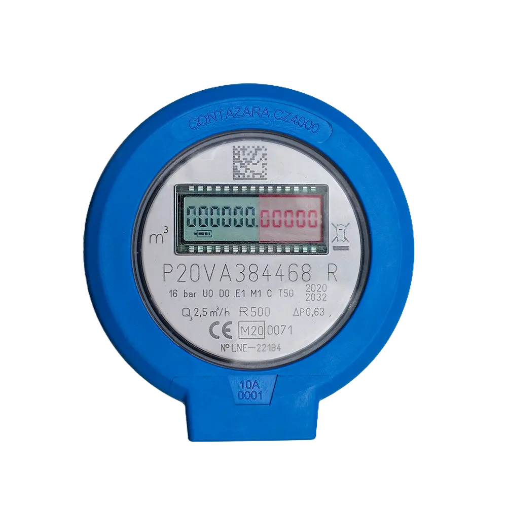 Blue Contazara CZ4000 digital water meter. Read all the black digits and the first digit in the red section.